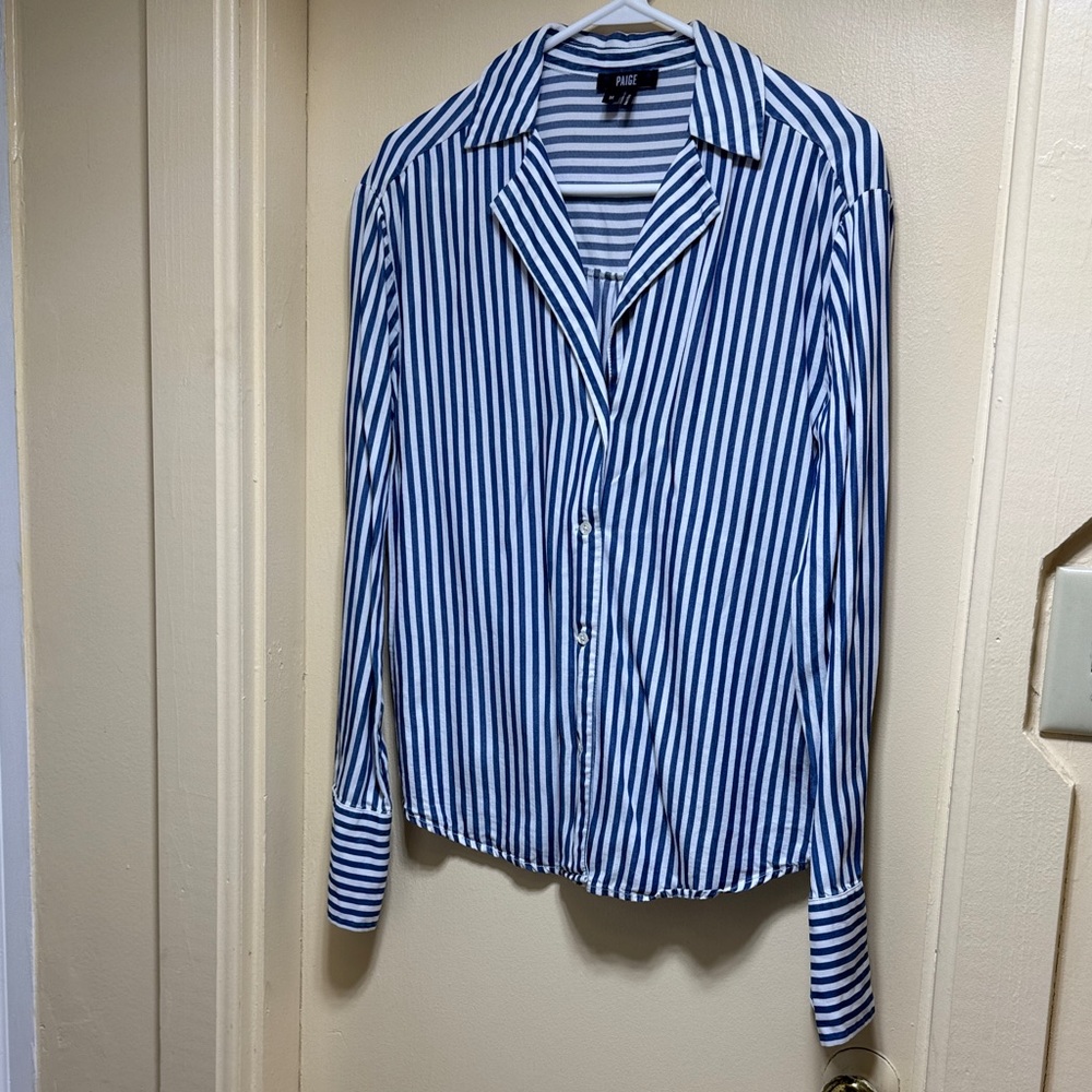 PAIGE Navy and White Striped Button-Down Shirt